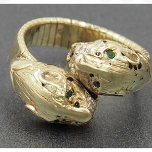 14K Solid Yellow Gold Bypass Double Panther Leopard Head Ring
